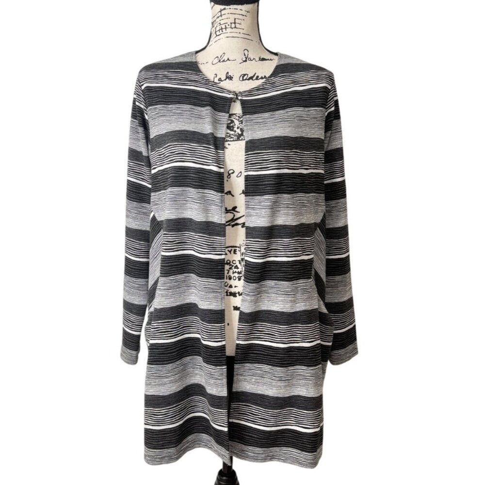 Simpli Womens Size 8 Chic Black Gray Striped Long Open Cardigan Sweater